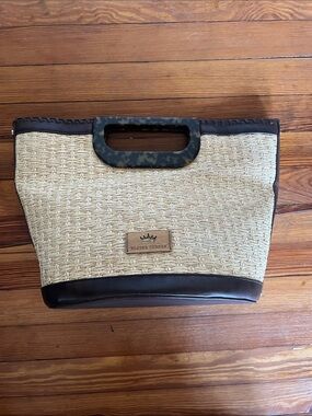 Elaine Turner Woven Raffia Straw Tote Handbag Tortoise Resin Handle Pink Lining